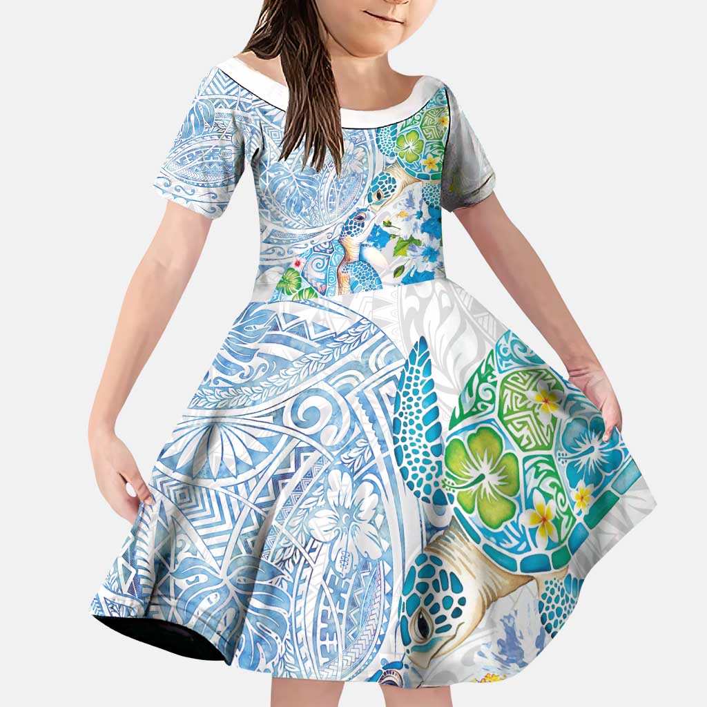 Hawaiian Couple Turtles Honi Family Matching Off The Shoulder Long Sleeve Dress and Hawaiian Shirt Polynesian Art Motifs and Hibiscus White Blue Color LT03 Daughter's Dress White - Polynesian Pride