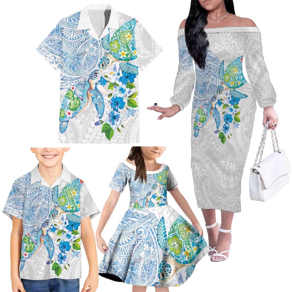 Hawaiian Couple Turtles Honi Family Matching Off The Shoulder Long Sleeve Dress and Hawaiian Shirt Polynesian Art Motifs and Hibiscus White Blue Color LT03 - Polynesian Pride