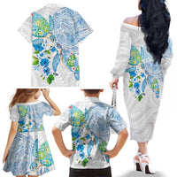 Hawaiian Couple Turtles Honi Family Matching Off The Shoulder Long Sleeve Dress and Hawaiian Shirt Polynesian Art Motifs and Hibiscus White Blue Color LT03 - Polynesian Pride
