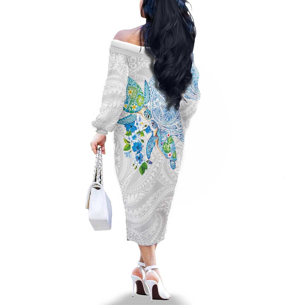 Hawaiian Couple Turtles Honi Family Matching Off The Shoulder Long Sleeve Dress and Hawaiian Shirt Polynesian Art Motifs and Hibiscus White Blue Color LT03 - Polynesian Pride