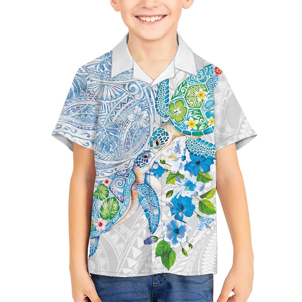Hawaiian Couple Turtles Honi Family Matching Off The Shoulder Long Sleeve Dress and Hawaiian Shirt Polynesian Art Motifs and Hibiscus White Blue Color LT03 Son's Shirt White - Polynesian Pride