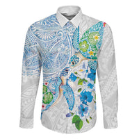 Hawaiian Couple Turtles Honi Family Matching Off Shoulder Maxi Dress and Hawaiian Shirt Polynesian Art Motifs and Hibiscus White Blue Color LT03 Dad's Shirt - Long Sleeve White - Polynesian Pride
