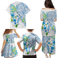 Hawaiian Couple Turtles Honi Family Matching Puletasi and Hawaiian Shirt Polynesian Art Motifs and Hibiscus White Blue Color LT03 - Polynesian Pride