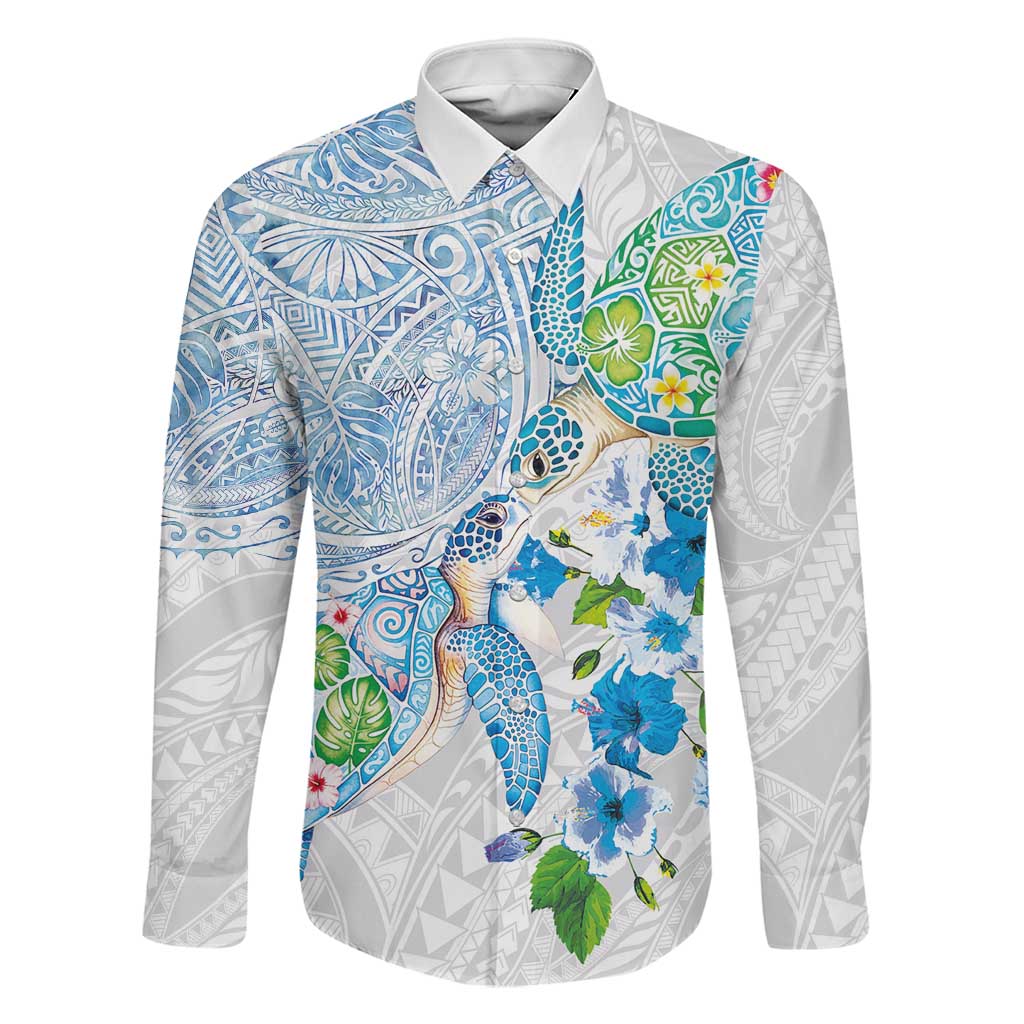 Hawaiian Couple Turtles Honi Family Matching Puletasi and Hawaiian Shirt Polynesian Art Motifs and Hibiscus White Blue Color LT03 Dad's Shirt - Long Sleeve White - Polynesian Pride