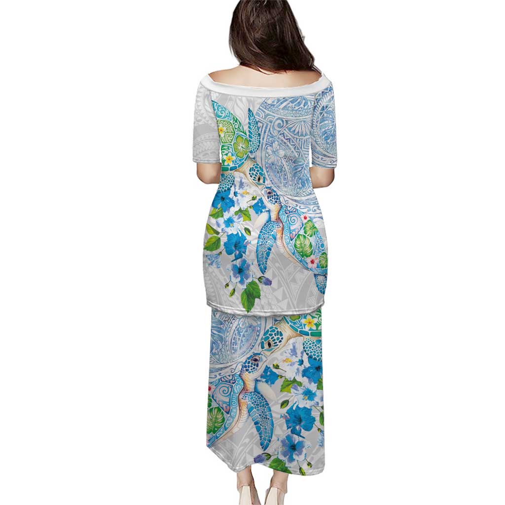 Hawaiian Couple Turtles Honi Family Matching Puletasi and Hawaiian Shirt Polynesian Art Motifs and Hibiscus White Blue Color LT03 - Polynesian Pride