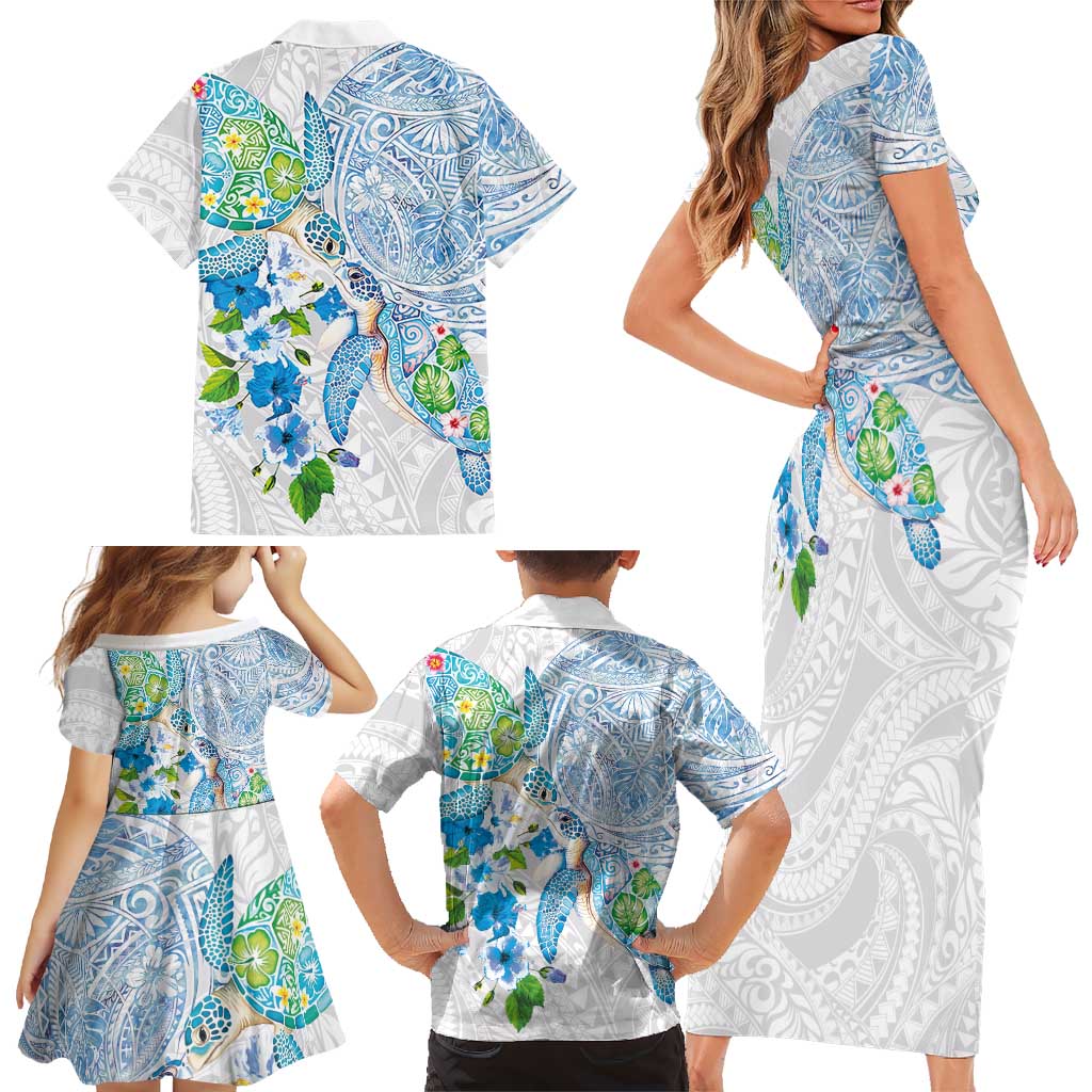 Hawaiian Couple Turtles Honi Family Matching Short Sleeve Bodycon Dress and Hawaiian Shirt Polynesian Art Motifs and Hibiscus White Blue Color LT03 - Polynesian Pride
