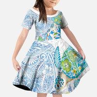 Hawaiian Couple Turtles Honi Family Matching Summer Maxi Dress and Hawaiian Shirt Polynesian Art Motifs and Hibiscus White Blue Color LT03 Daughter's Dress White - Polynesian Pride