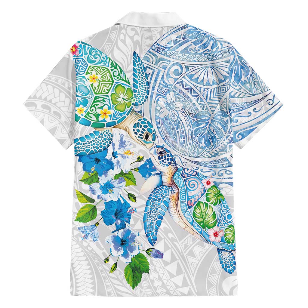 Hawaiian Couple Turtles Honi Family Matching Tank Maxi Dress and Hawaiian Shirt Polynesian Art Motifs and Hibiscus White Blue Color LT03 - Polynesian Pride