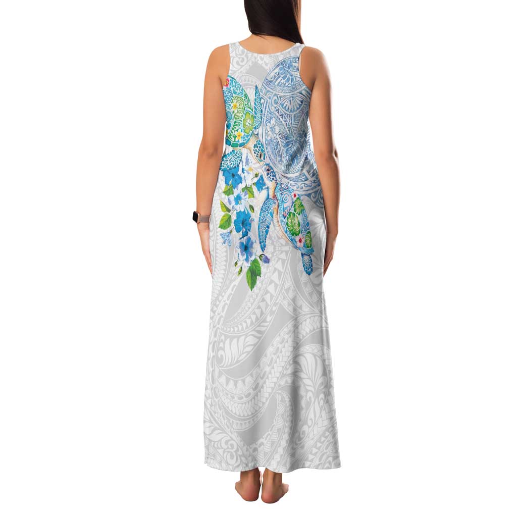 Hawaiian Couple Turtles Honi Family Matching Tank Maxi Dress and Hawaiian Shirt Polynesian Art Motifs and Hibiscus White Blue Color LT03 - Polynesian Pride