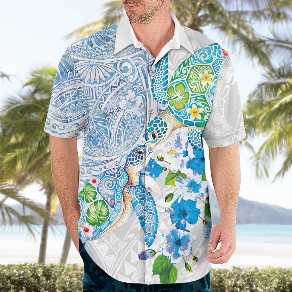 Hawaiian Couple Turtles Honi Hawaiian Shirt Polynesian Art Motifs and Hibiscus White Blue Color LT03 - Polynesian Pride
