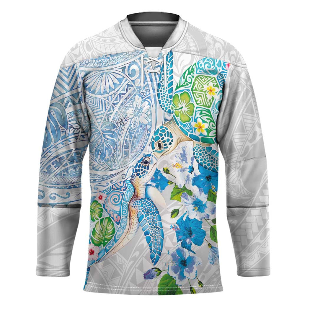 Hawaiian Couple Turtles Honi Hockey Jersey Polynesian Art Motifs and Hibiscus White Blue Color LT03 Unisex White - Polynesian Pride