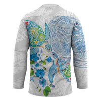 Hawaiian Couple Turtles Honi Hockey Jersey Polynesian Art Motifs and Hibiscus White Blue Color LT03 - Polynesian Pride