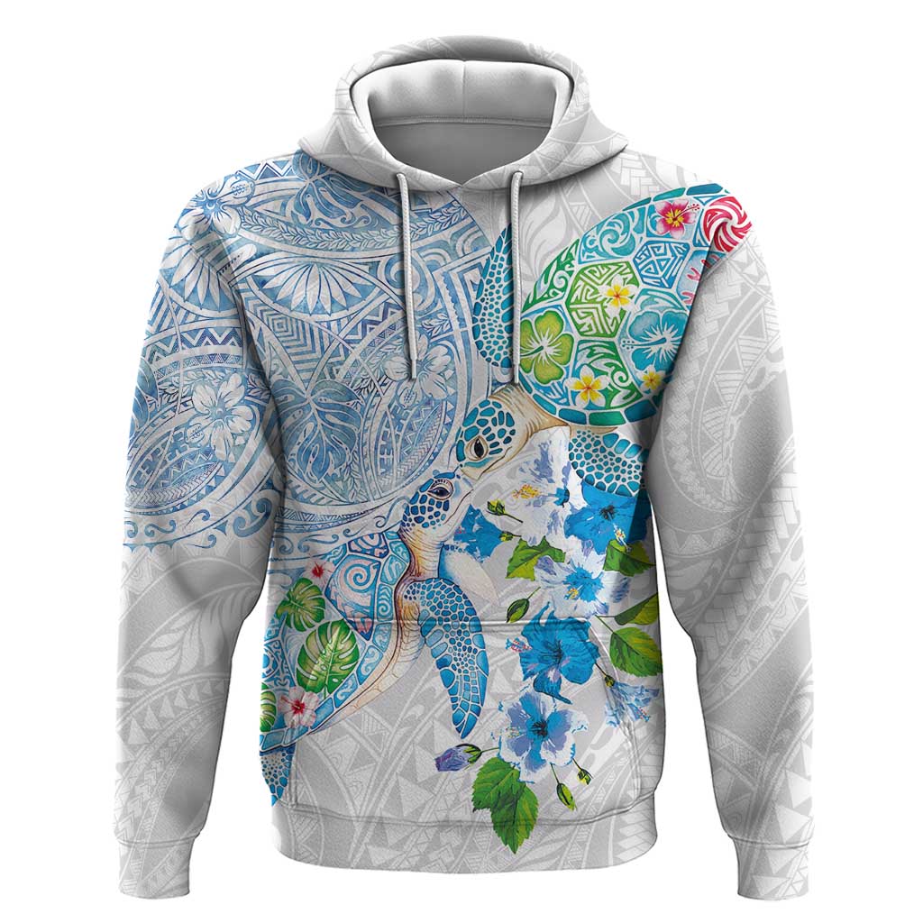 Hawaiian Couple Turtles Honi Hoodie Polynesian Art Motifs and Hibiscus White Blue Color LT03 Pullover Hoodie White - Polynesian Pride