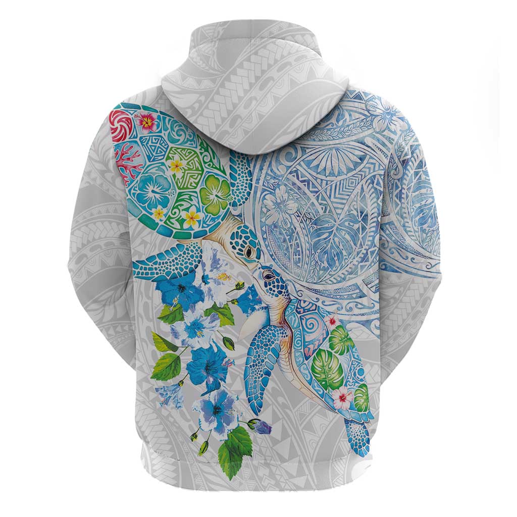 Hawaiian Couple Turtles Honi Hoodie Polynesian Art Motifs and Hibiscus White Blue Color LT03 - Polynesian Pride