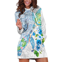 Hawaiian Couple Turtles Honi Hoodie Dress Polynesian Art Motifs and Hibiscus White Blue Color LT03 White - Polynesian Pride
