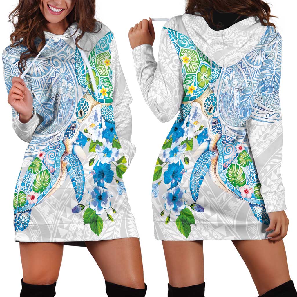 Hawaiian Couple Turtles Honi Hoodie Dress Polynesian Art Motifs and Hibiscus White Blue Color LT03 - Polynesian Pride