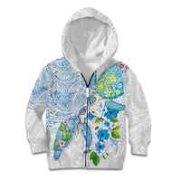 Hawaiian Couple Turtles Honi Kid Hoodie Polynesian Art Motifs and Hibiscus White Blue Color LT03 Zip Hoodie White - Polynesian Pride