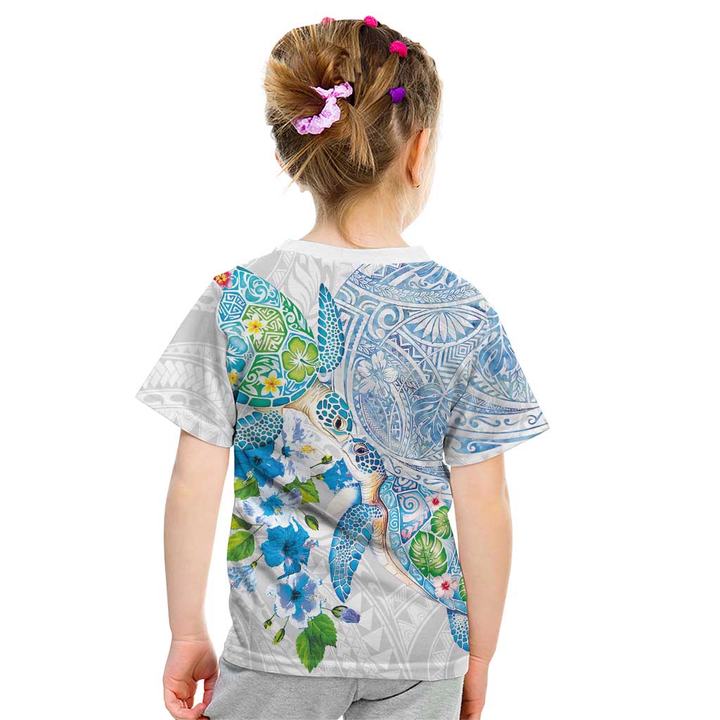 Hawaiian Couple Turtles Honi Kid T Shirt Polynesian Art Motifs and Hibiscus White Blue Color LT03 - Polynesian Pride