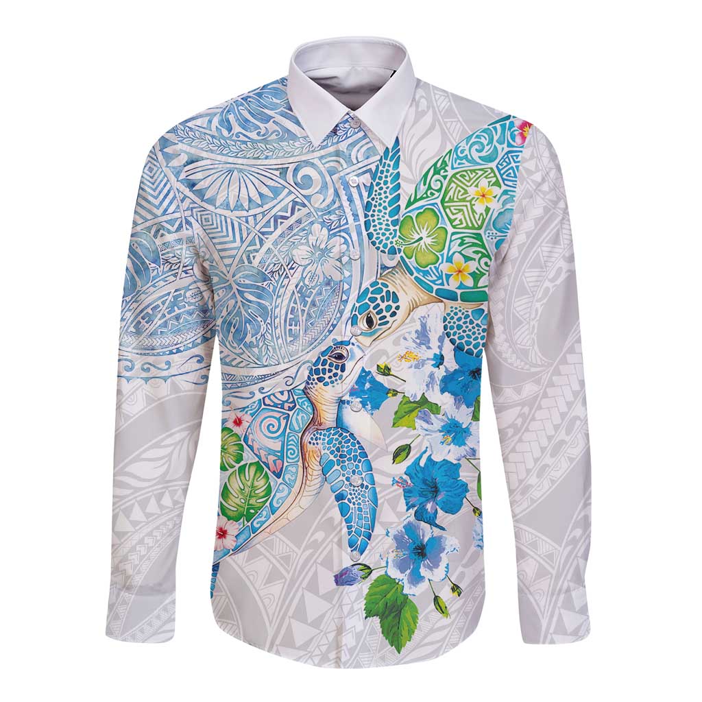 Hawaiian Couple Turtles Honi Long Sleeve Button Shirt Polynesian Art Motifs and Hibiscus White Blue Color LT03 Unisex White - Polynesian Pride