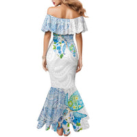 Hawaiian Couple Turtles Honi Mermaid Dress Polynesian Art Motifs and Hibiscus White Blue Color LT03 - Polynesian Pride