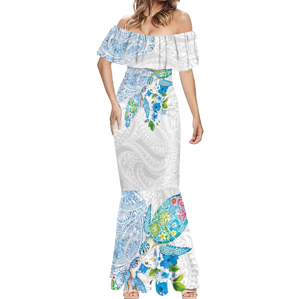 Hawaiian Couple Turtles Honi Mermaid Dress Polynesian Art Motifs and Hibiscus White Blue Color LT03 - Polynesian Pride