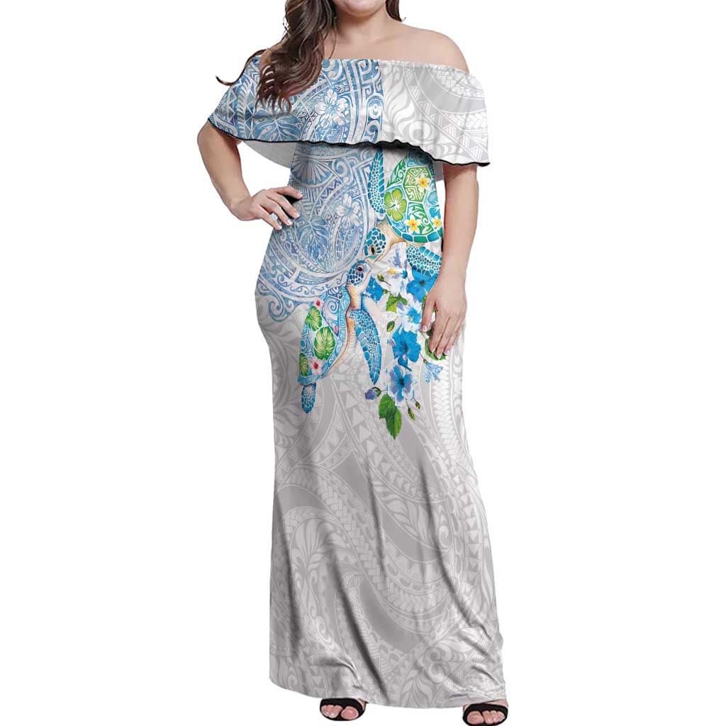 Hawaiian Couple Turtles Honi Off Shoulder Maxi Dress Polynesian Art Motifs and Hibiscus White Blue Color LT03 Women White - Polynesian Pride