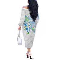 Hawaiian Couple Turtles Honi Off The Shoulder Long Sleeve Dress Polynesian Art Motifs and Hibiscus White Blue Color LT03 - Polynesian Pride