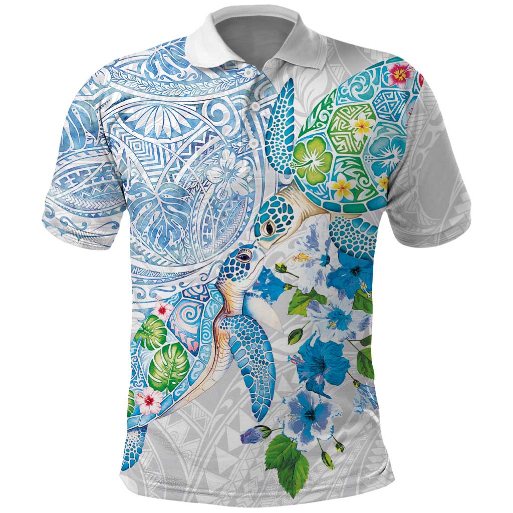 Hawaiian Couple Turtles Honi Polo Shirt Polynesian Art Motifs and Hibiscus White Blue Color LT03 White - Polynesian Pride