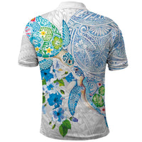 Hawaiian Couple Turtles Honi Polo Shirt Polynesian Art Motifs and Hibiscus White Blue Color LT03 - Polynesian Pride