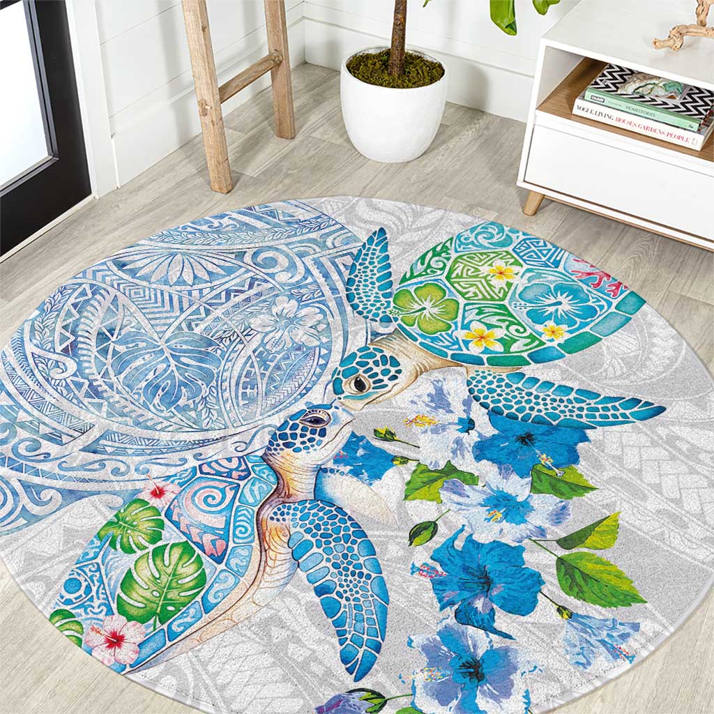 Hawaiian Couple Turtles Honi Round Carpet Polynesian Art Motifs and Hibiscus White Blue Color - Polynesian Pride