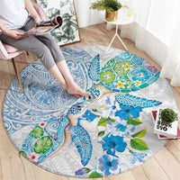 Hawaiian Couple Turtles Honi Round Carpet Polynesian Art Motifs and Hibiscus White Blue Color - Polynesian Pride