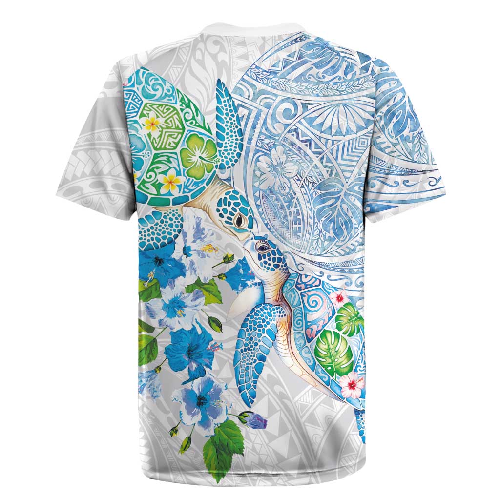 Hawaiian Couple Turtles Honi Rugby Jersey Polynesian Art Motifs and Hibiscus White Blue Color - Polynesian Pride