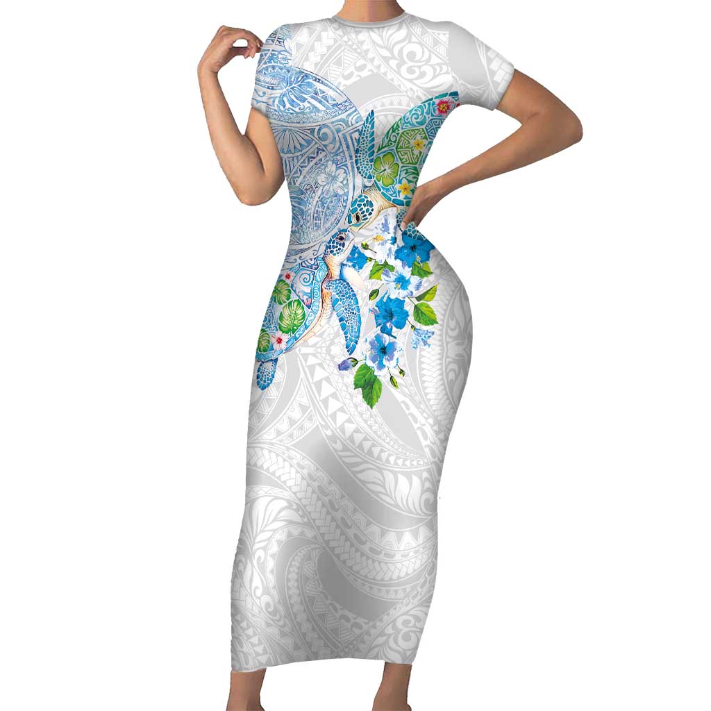 Hawaiian Couple Turtles Honi Short Sleeve Bodycon Dress Polynesian Art Motifs and Hibiscus White Blue Color LT03 Long Dress White - Polynesian Pride