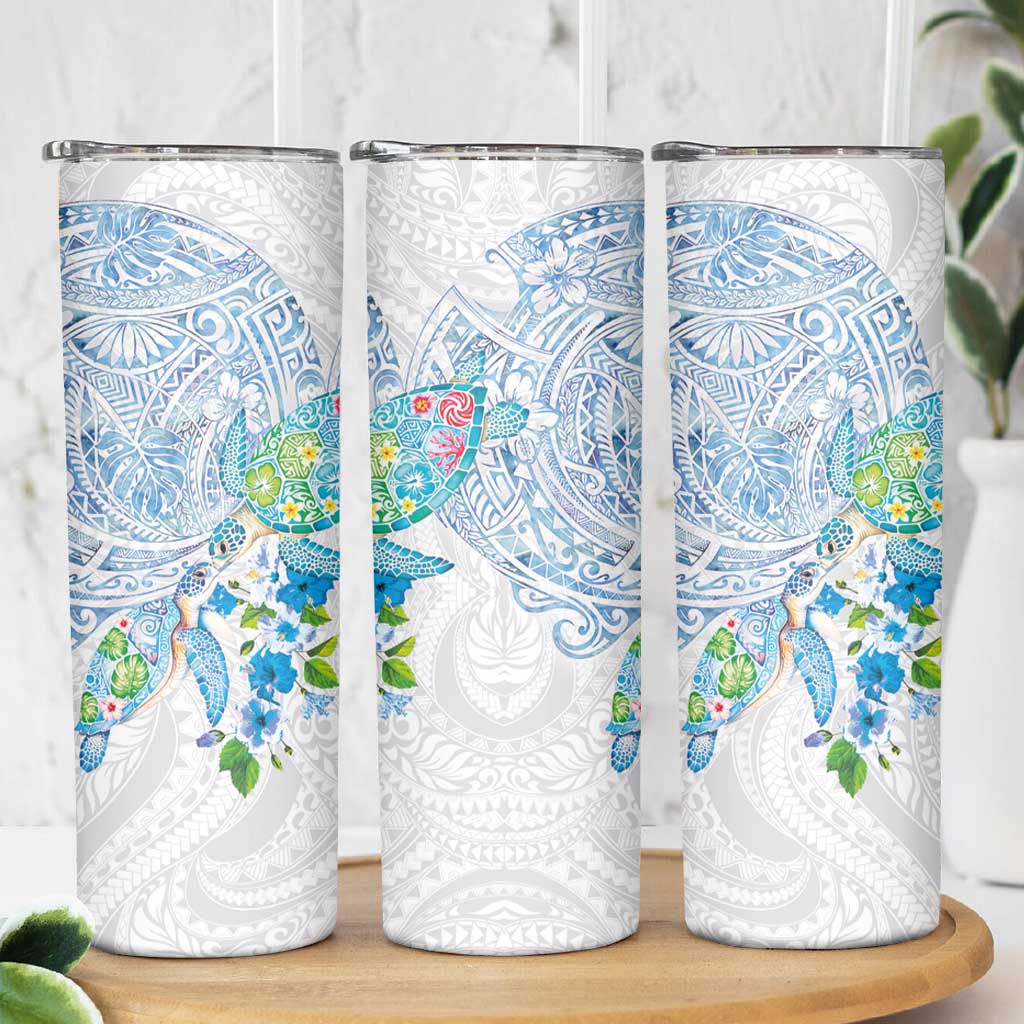 Hawaiian Couple Turtles Honi Skinny Tumbler Polynesian Art Motifs and Hibiscus White Blue Color LT03 - Polynesian Pride