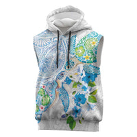 Hawaiian Couple Turtles Honi Sleeveless Hoodie Polynesian Art Motifs and Hibiscus White Blue Color LT03 White - Polynesian Pride