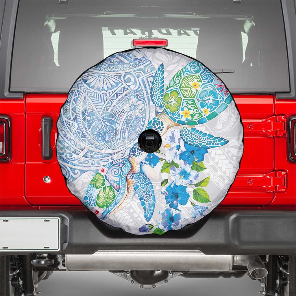 Hawaiian Couple Turtles Honi Spare Tire Cover Polynesian Art Motifs and Hibiscus White Blue Color LT03 - Polynesian Pride