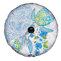 Hawaiian Couple Turtles Honi Spare Tire Cover Polynesian Art Motifs and Hibiscus White Blue Color LT03 - Polynesian Pride