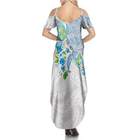 Hawaiian Couple Turtles Honi Summer Maxi Dress Polynesian Art Motifs and Hibiscus White Blue Color LT03 - Polynesian Pride