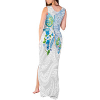 Hawaiian Couple Turtles Honi Tank Maxi Dress Polynesian Art Motifs and Hibiscus White Blue Color LT03 - Polynesian Pride