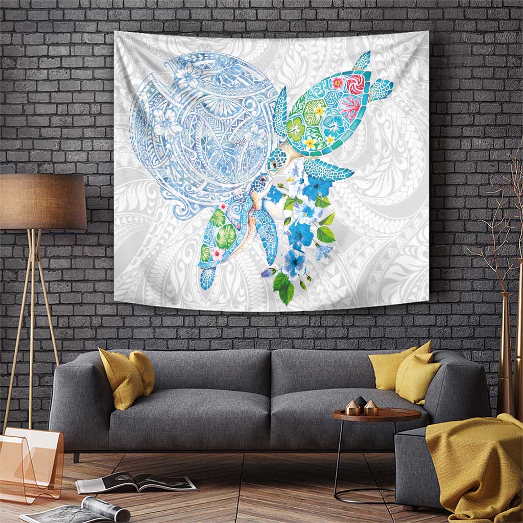Hawaiian Couple Turtles Honi Tapestry Polynesian Art Motifs and Hibiscus White Blue Color - Polynesian Pride