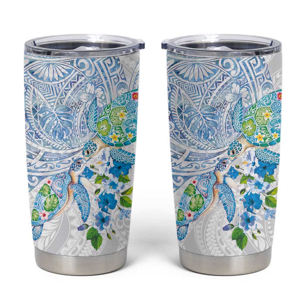 Hawaiian Couple Turtles Honi Tumbler Cup Polynesian Art Motifs and Hibiscus White Blue Color LT03 White - Polynesian Pride