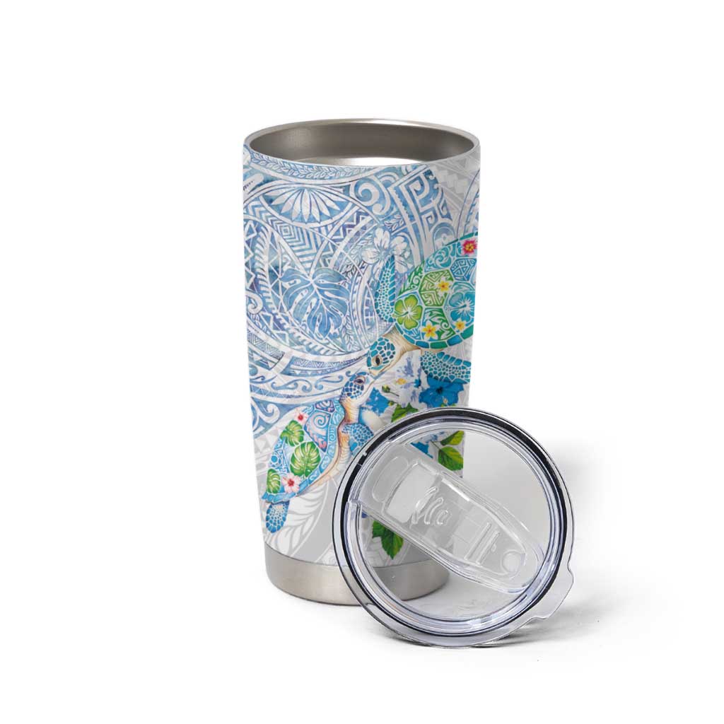 Hawaiian Couple Turtles Honi Tumbler Cup Polynesian Art Motifs and Hibiscus White Blue Color LT03 - Polynesian Pride