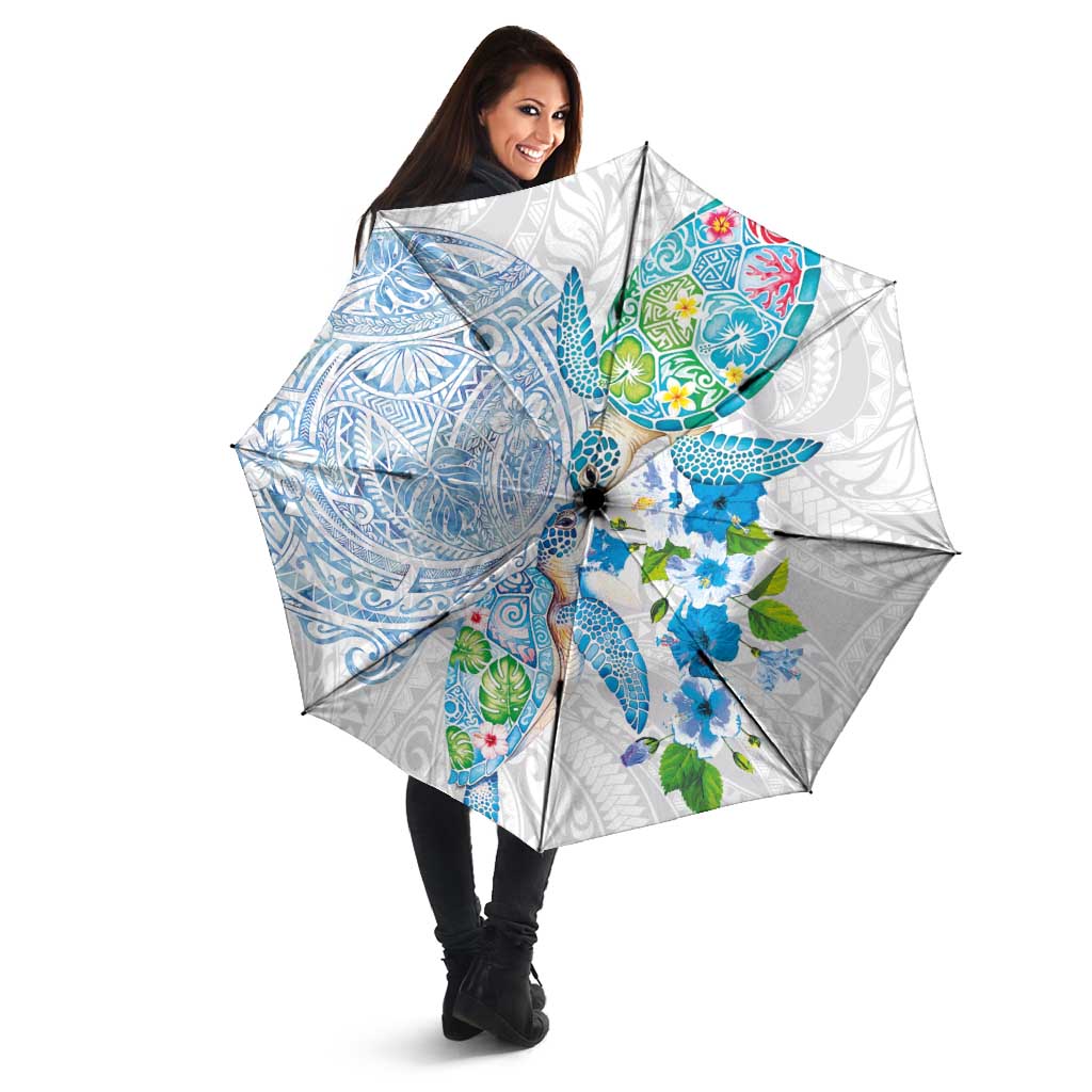 Hawaiian Couple Turtles Honi Umbrella Polynesian Art Motifs and Hibiscus White Blue Color - Polynesian Pride