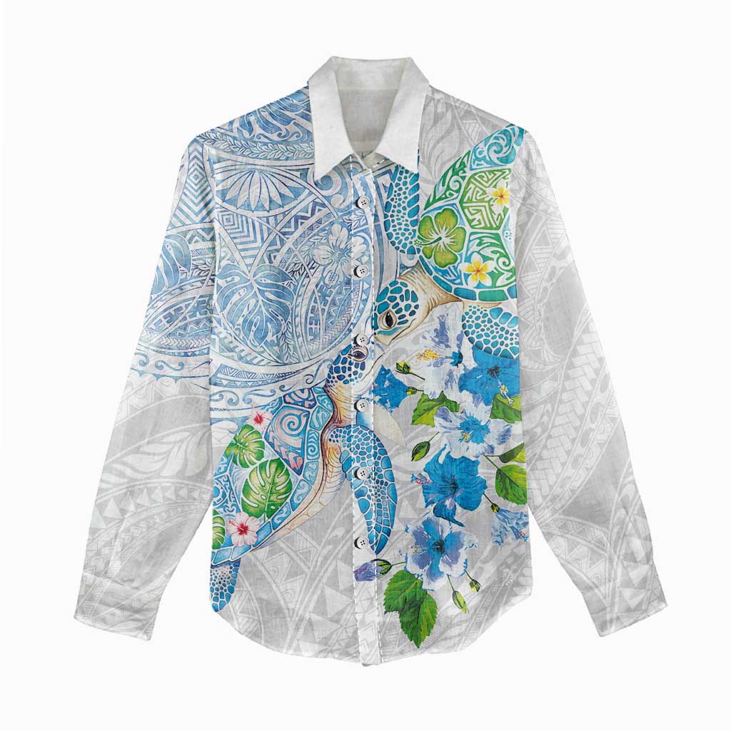 Hawaiian Couple Turtles Honi Women Casual Shirt Polynesian Art Motifs and Hibiscus White Blue Color LT03 - Polynesian Pride