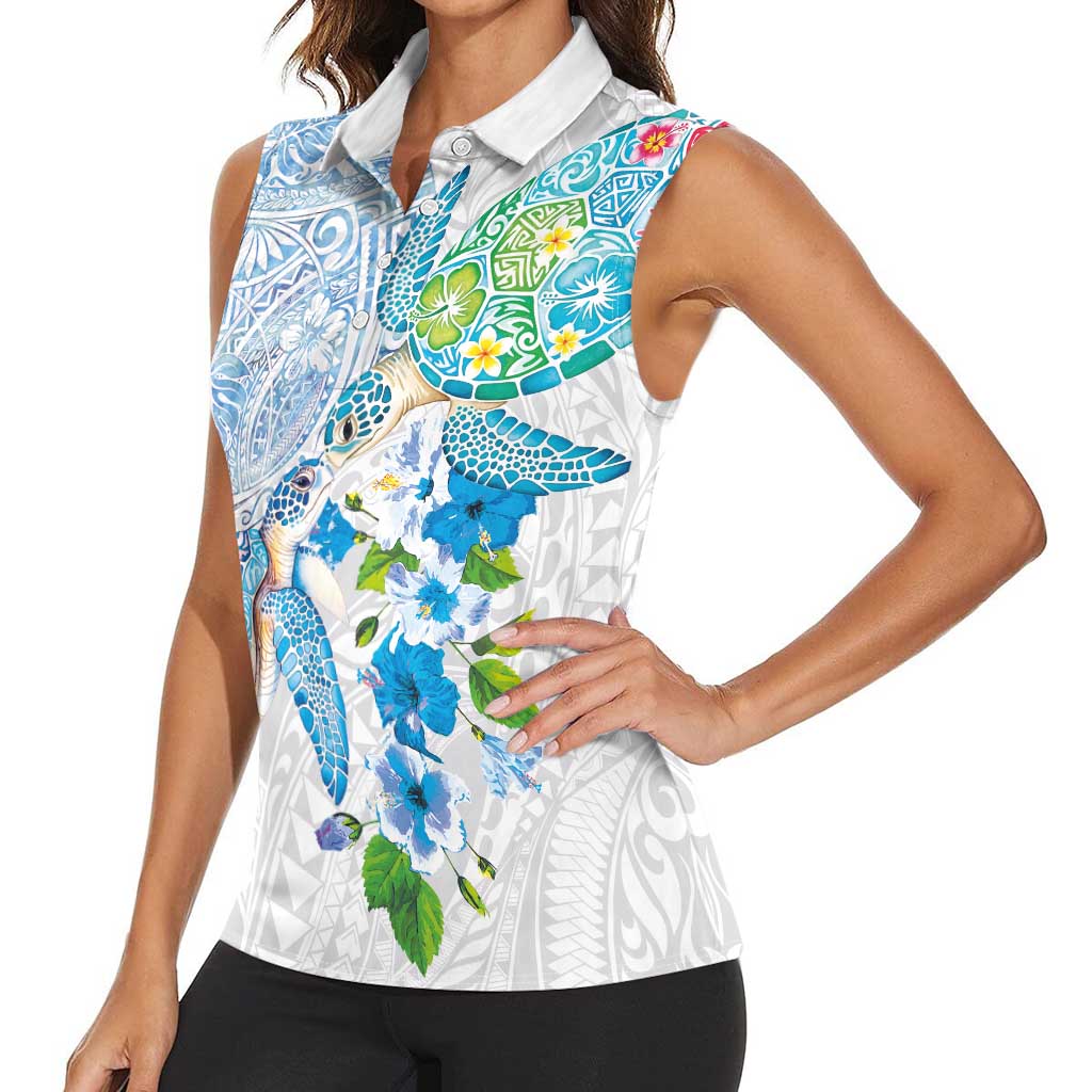 Hawaiian Couple Turtles Honi Women Sleeveless Polo Shirt Polynesian Art Motifs and Hibiscus White Blue Color LT03 - Polynesian Pride
