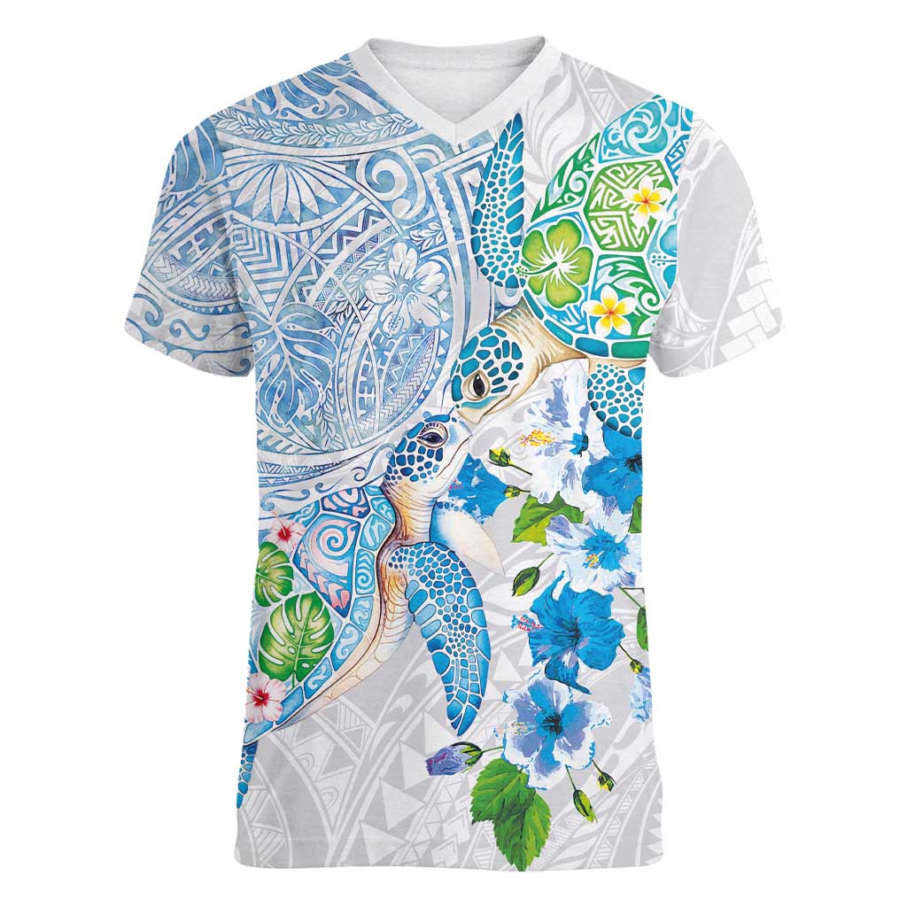 Hawaiian Couple Turtles Honi Women V-Neck T-Shirt Polynesian Art Motifs and Hibiscus White Blue Color LT03 Female White - Polynesian Pride