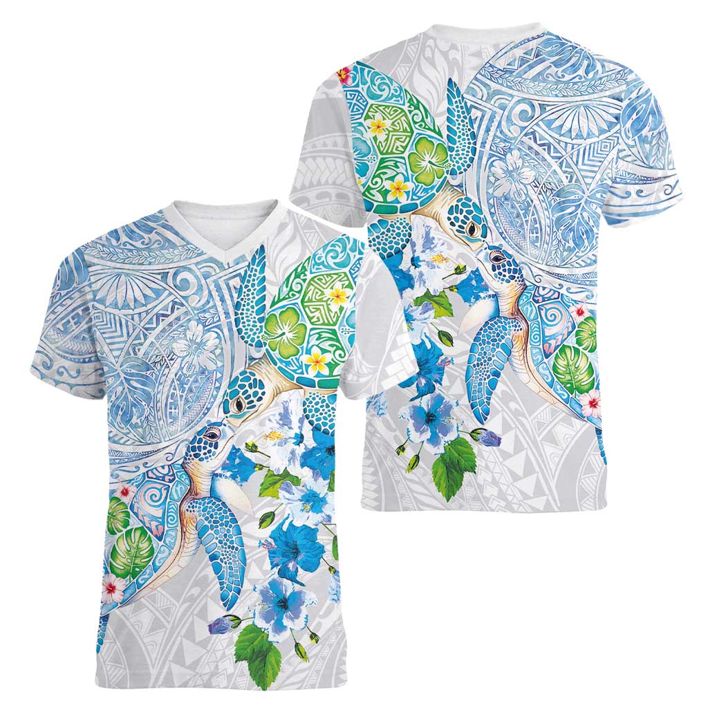 Hawaiian Couple Turtles Honi Women V-Neck T-Shirt Polynesian Art Motifs and Hibiscus White Blue Color LT03 - Polynesian Pride