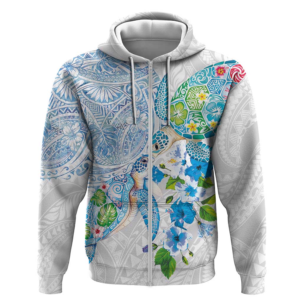 Hawaiian Couple Turtles Honi Zip Hoodie Polynesian Art Motifs and Hibiscus White Blue Color - Polynesian Pride