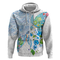 Hawaiian Couple Turtles Honi Zip Hoodie Polynesian Art Motifs and Hibiscus White Blue Color - Polynesian Pride