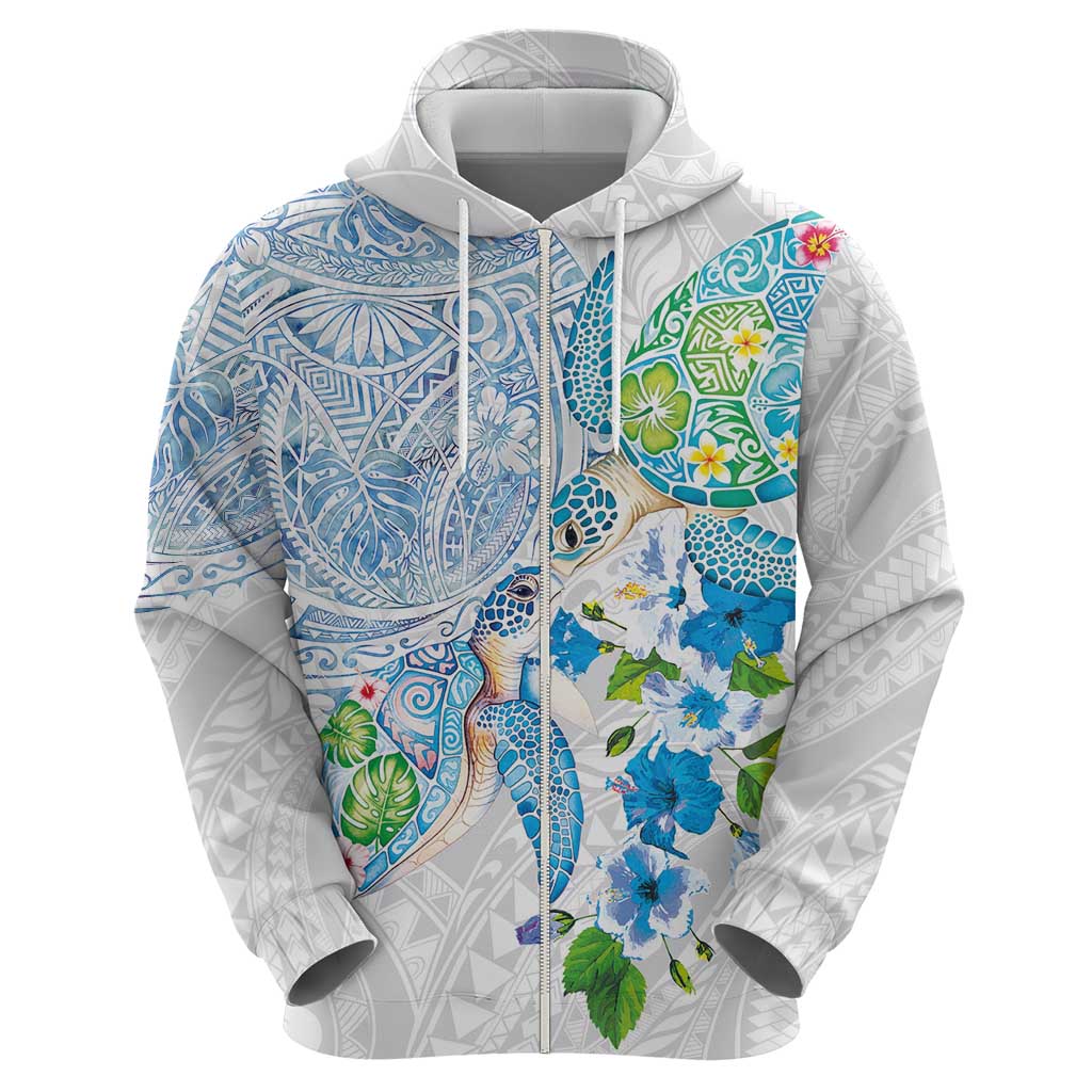 Hawaiian Couple Turtles Honi Zip Hoodie Polynesian Art Motifs and Hibiscus White Blue Color - Polynesian Pride